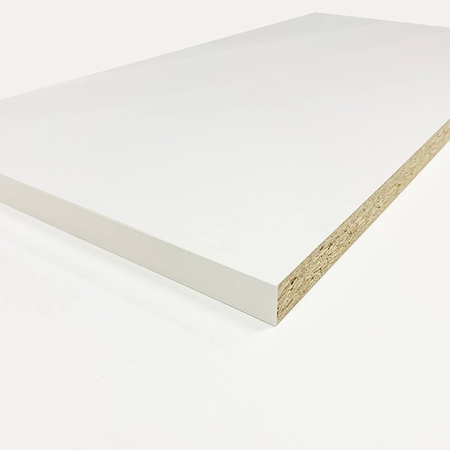 The image showcases a Go Build 1 In. x 16 In. x 8 Ft. white Melamine Shelf, highlighting its durable laminated surface and layered textured brown core, diagonally set against a light background for versatile use and easy customization in multiple settings.